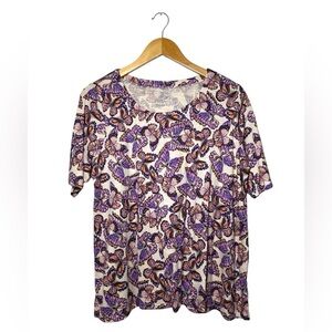 J. Jill | Pima Slub Scoop Neck Side Slit Tee | Purple Butterfly Print | Size L